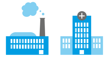 Grafik von einem Industriegebäude und einem Krankenhaus.